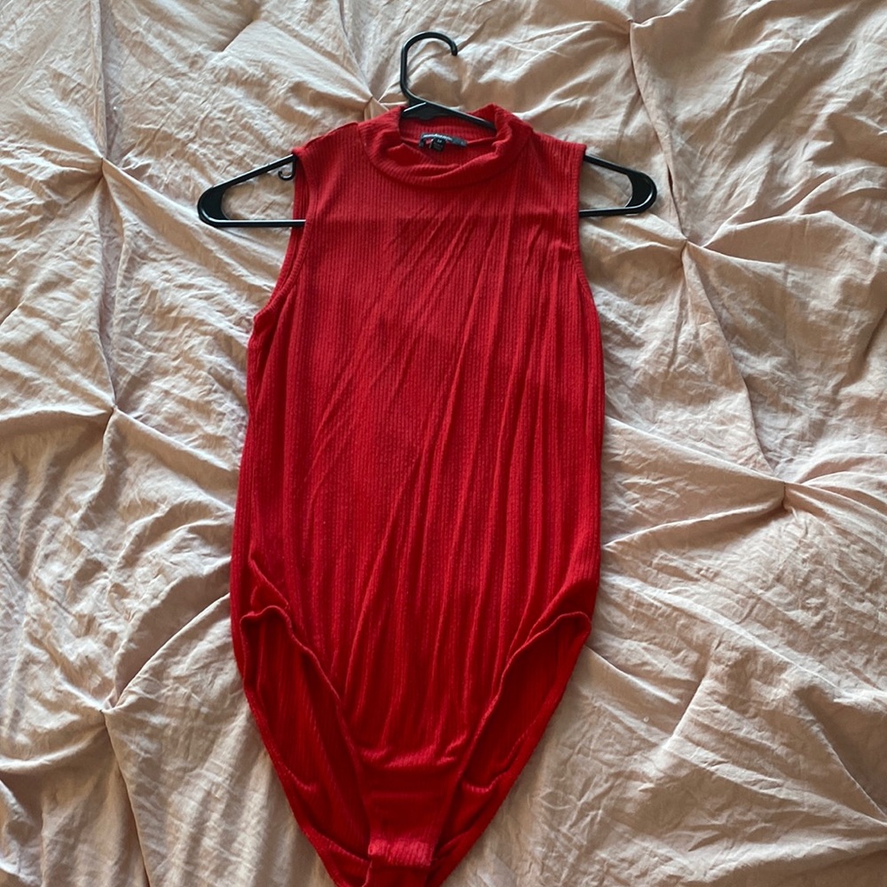 Red high neck snap bottom body suit